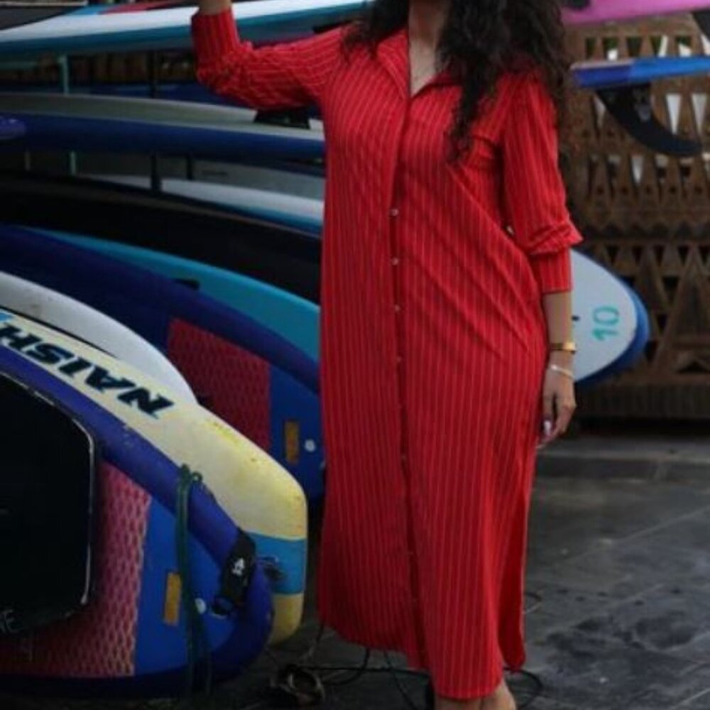 RED Maxi Pinstripe Button Down Dress Modest